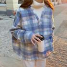 Mock Two-piece Plaid Hoodie Blue - One Size