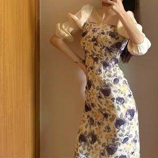 Square-neck Balloon-sleeve Floral Dress