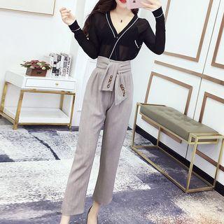 Set: Contrast Trim Cardigan + High Waist Cropped Pants