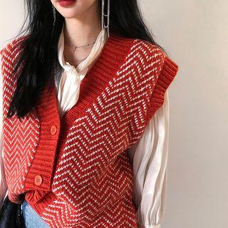 Plain Long-sleeve Loose-fit Shirt / Loose-fit Knit Vest