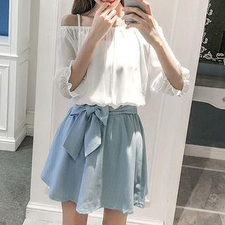 Mock-three-piece Off-shoulder Strap Elbow-sleeve Dress
