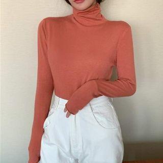 Long-sleeve Plain High-neck Knit Top