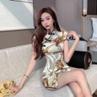 Short-sleeve Print Mini Bodycon Qipao Dress