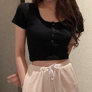 Short-sleeve Henley Crop Top