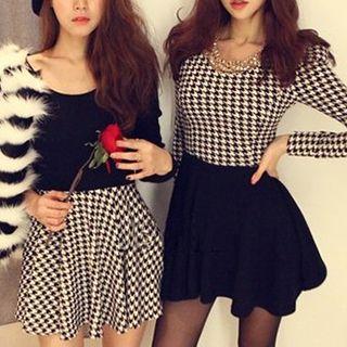 Houndstooth Panel Long-sleeve Dress
