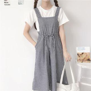 Plain Short Sleeve T-shirt / Plaid Pinafore Jumpsuit