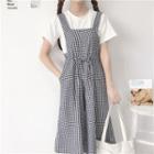 Plain Short Sleeve T-shirt / Plaid Pinafore Jumpsuit