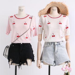Glitter Cherry-embroidered Knit Top