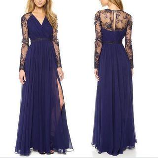 Long Sleeve Embroidered Chiffon Plain Panel Lace Sheath Dress