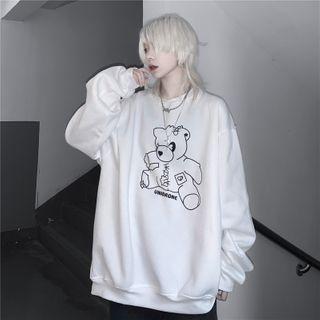Drop Shoulder Bear Print Sweatshirt White - One Size