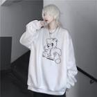 Drop Shoulder Bear Print Sweatshirt White - One Size