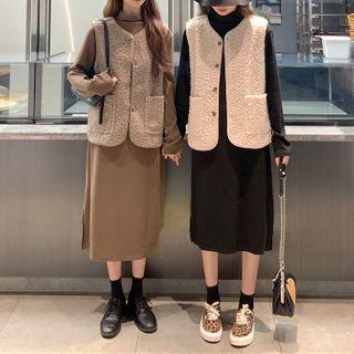 Long-sleeve Mock-neck Midi A-line Dress / Fleece Vest