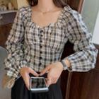 Plaid Square-neck Long-sleeve Cropped Top