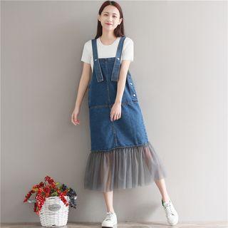 Mesh Panel Midi Denim Pinafore Dress