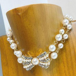 Bow Faux Pearl Rhinestone Choker Gold - One Size