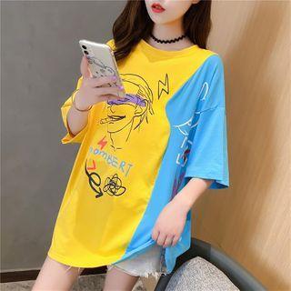 Short-sleeve Cartoon Print Panel T-shirt