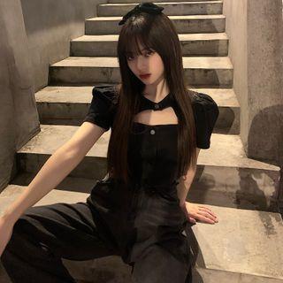 Cut-out Puff-sleeve Cropped Top Black - One Size