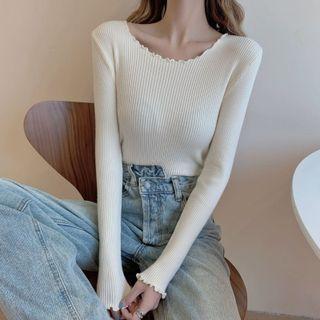 Wood Ear Trim Plain Long-sleeve Knit Top