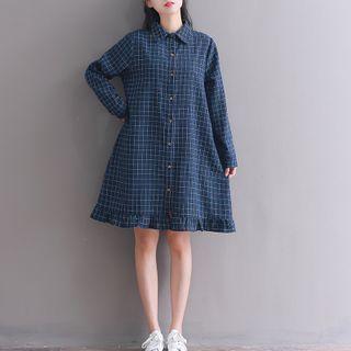 Long-sleeve Plaid Frill Trim Midi A-line Shirtdress