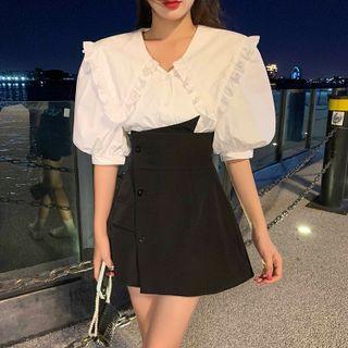 Puff-sleeve Ruffle Trim Blouse / Asymmetrical Skort