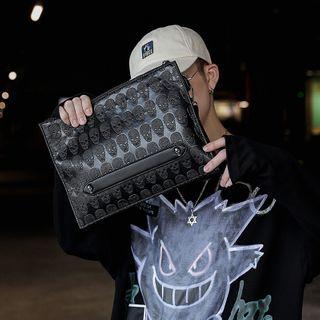 Skull Embroidered Faux Leather Pouch Black - One Size