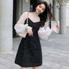 Set: Long-sleeve Sheer Top + Spaghetti Strap Dotted Dress