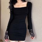 Long-sleeve Lace Trim Square-neck Mini Bodycon Dress