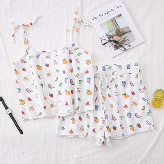Set: Fruit-print Camisole Top + High-waist Shorts White - One Size