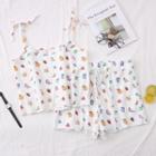 Set: Fruit-print Camisole Top + High-waist Shorts White - One Size