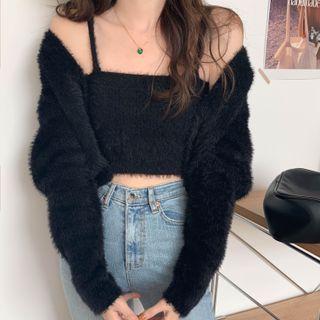 Set: Crop Knit Camisole Top + Cardigan
