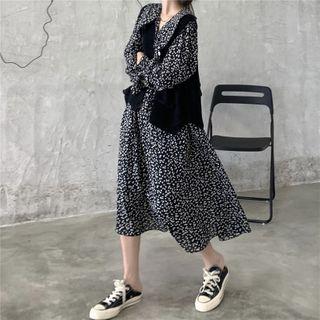 Long Sleeve Floral Print A-line Dress / Buttoned Knit Vest