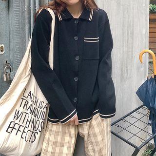 Polo Collar Striped Cardigan