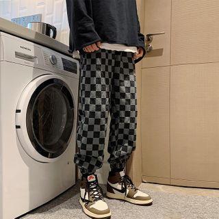 High-waist Plaid Denim Sweatpants