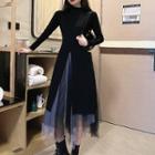 Set: Slit Long Knit Top + Midi A-line Mesh Skirt Black - One Size