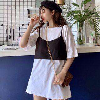 Plain Short-sleeve T-shirt With Black Sleeveless Top - White - One Size