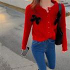 Long-sleeve Bow Accent Knit Cardigan Red - One Size