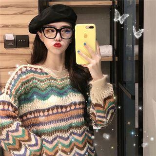 Ethnic-print Loose-fit Sweater Stripe - One Size