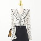 V-neck Floral Ruffle Button-up Blouse