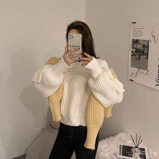 Bishop-sleeve Wave Seam-trim Sweater