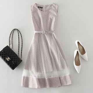Sleeveless Print Mesh Panel A-line Dress
