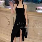 Halter-neck Knit Slit-hem A-line Dress Black - One Size