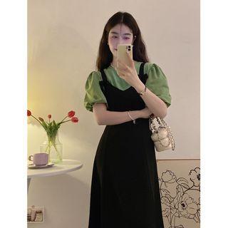 Puff-sleeve Round-neck Plain Top / Jumper Dress