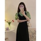 Puff-sleeve Round-neck Plain Top / Jumper Dress