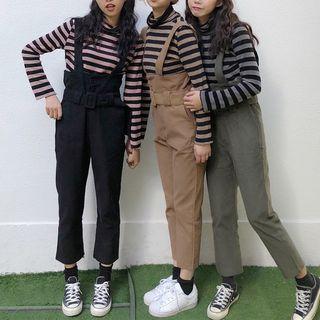 Striped Turtleneck Long Sleeve T-shirt / Cropped Pinafore Jumpsuit