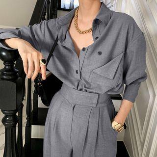 Plain Blouse / High-waist Plain Straight-cut Pants