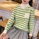 Mock Neck Striped Sweater / Mini Plaid Pleated Skirt / Set