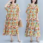 Short-sleeve Floral Print Midi A-line Dress Multicolor - One Size