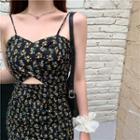Spaghetti Strap Floral Cut-out Mini Sheath Dress Yellow Floral - Black - One Size