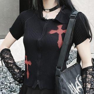 Short-sleeve Cross Print Knit Top Red & Black - One Size
