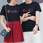 Couple Matching Short-sleeve Lettering T-shirt / Plaid A-line Skirt / Set